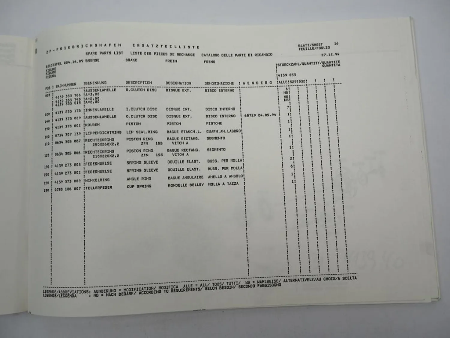 ZF 5 HP 590 Ecomat Getriebe Ersatzteilliste MAN 16.290HOC NG312 Parts List 12/94