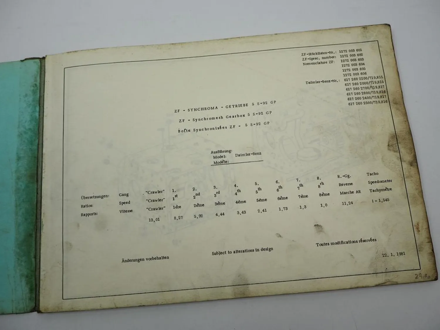 ZF 5 S-92 GP Synchroma Getriebe Ersatzteilliste Daimler-Benz Parts List 01/1981