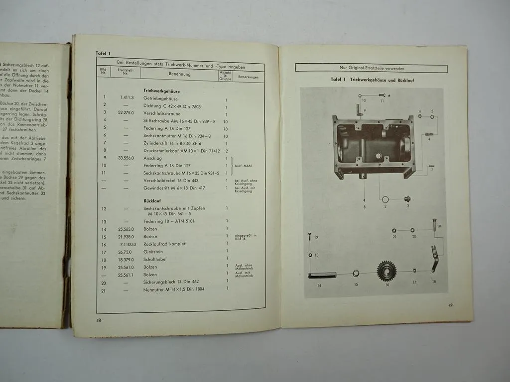ZF A20 A-20 18 II Getriebe Schleppertriebwerk Betriebsanleitung Ersatzteilliste