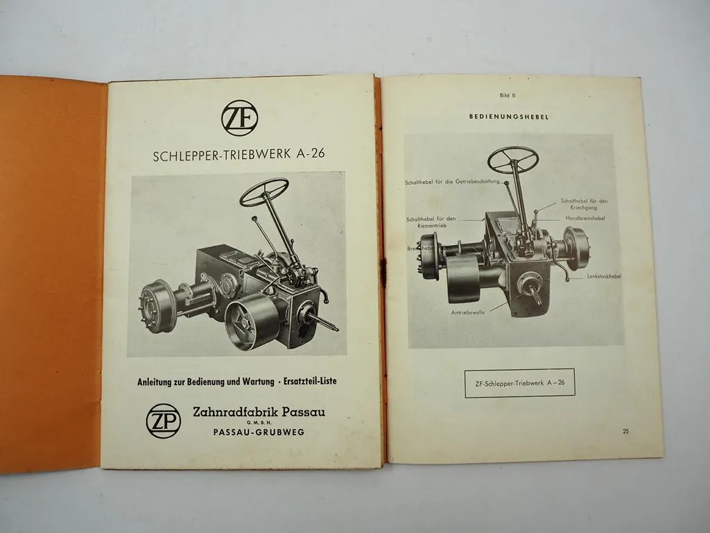 ZF A26 A-26 Getriebe Schleppertriebwerk Betriebsanleitung Ersatzteilliste 1954
