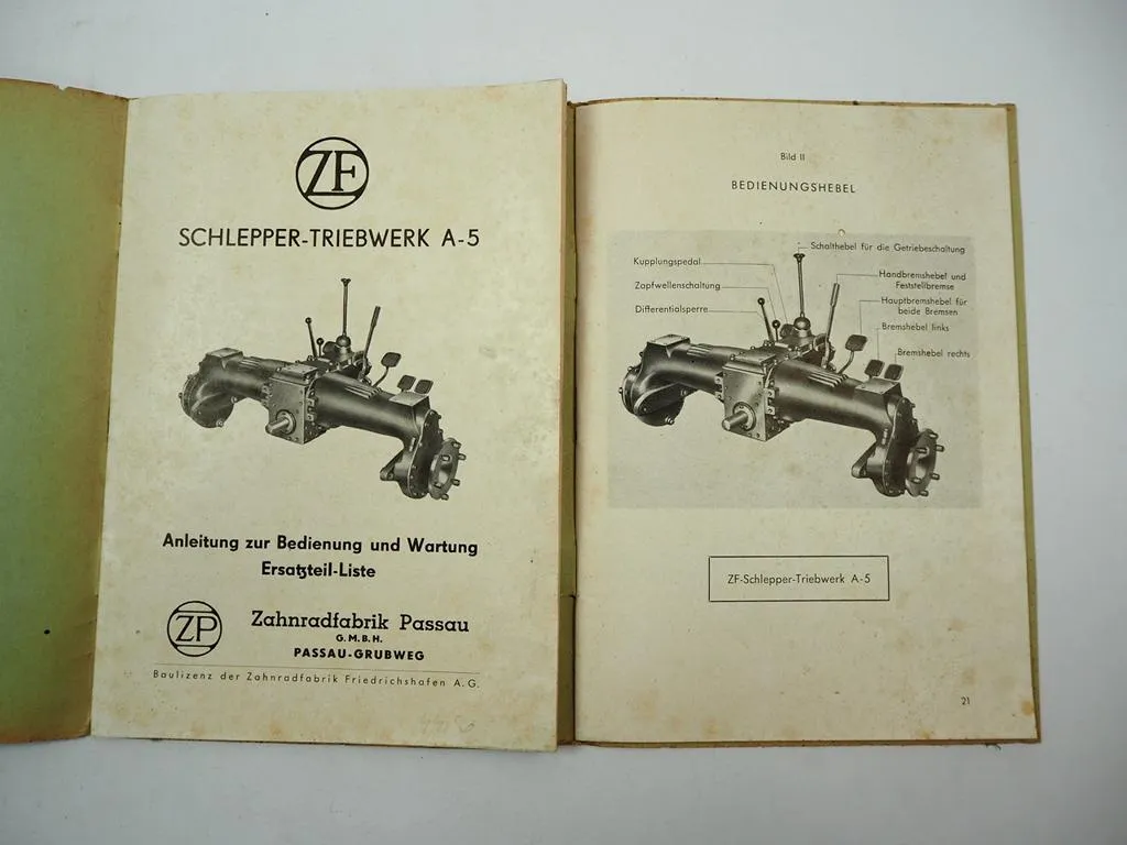 ZF A5 A-5 Getriebe Schleppertriebwerk Betriebsanleitung Ersatzteilliste 1955