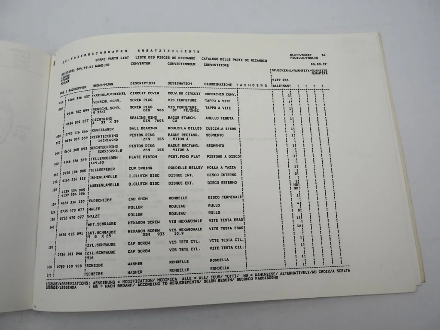 ZF Ecomat 5 HP 590 Getriebe Ersatzteilliste MAN Stadtbus NL315 Parts List 09/97