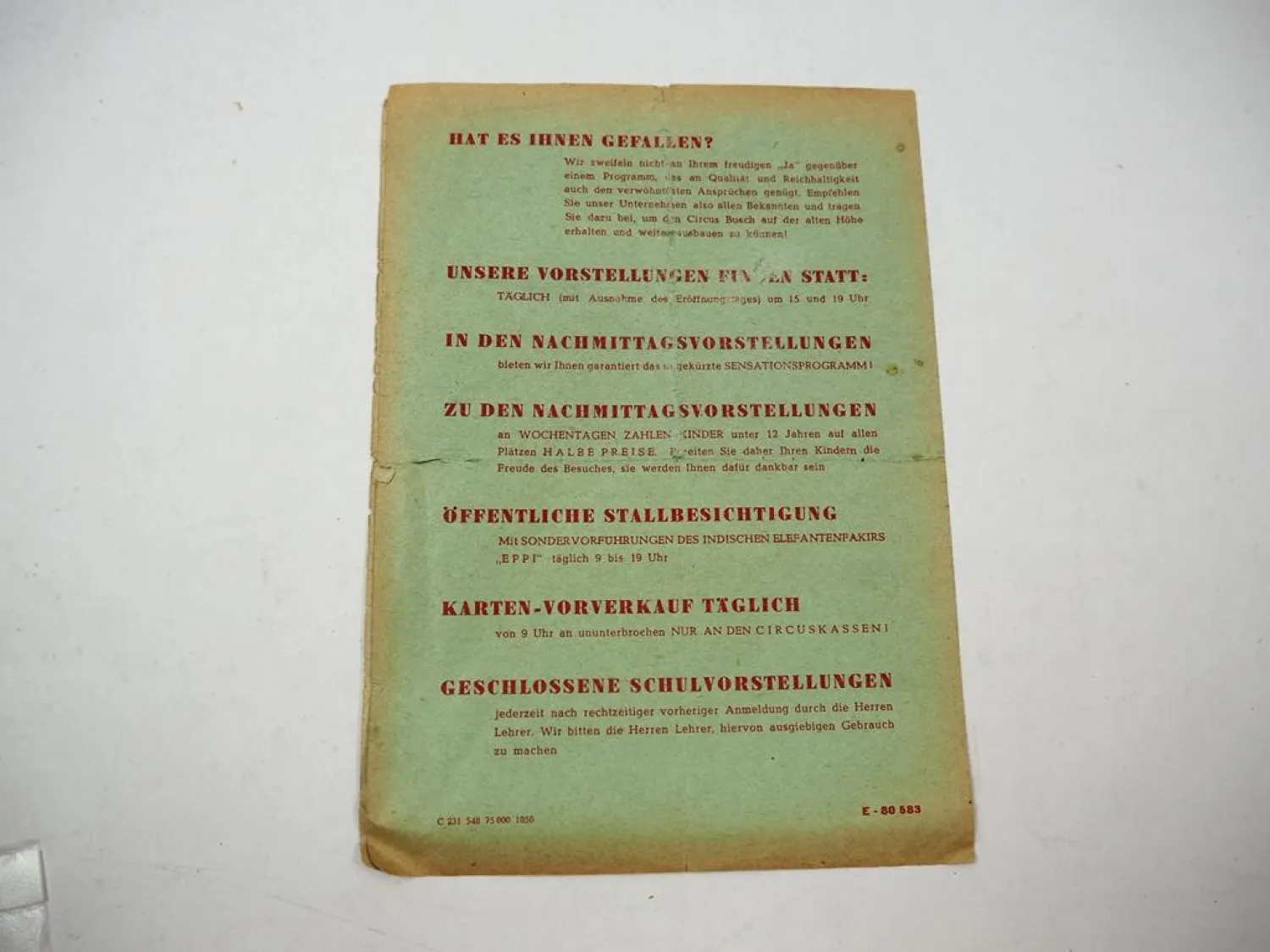 Zirkus Prospekt Spielfolge Circus Busch 1948