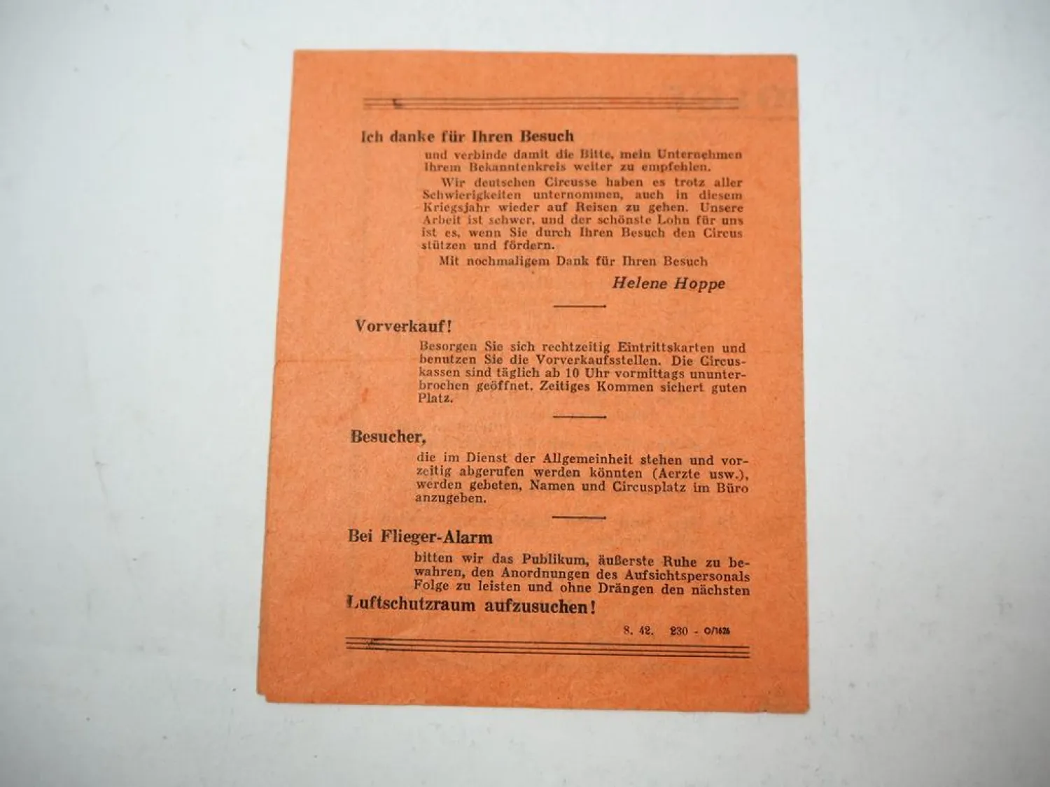 Zirkus Prospekt Spielfolge Circus Helene Hoppe 1942