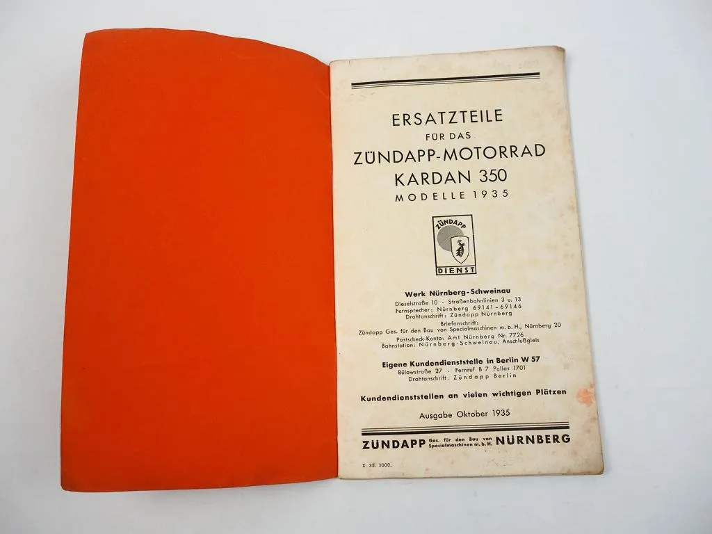Zündapp K350 Kardan 350 Motorrad Ersatzteilliste 1935