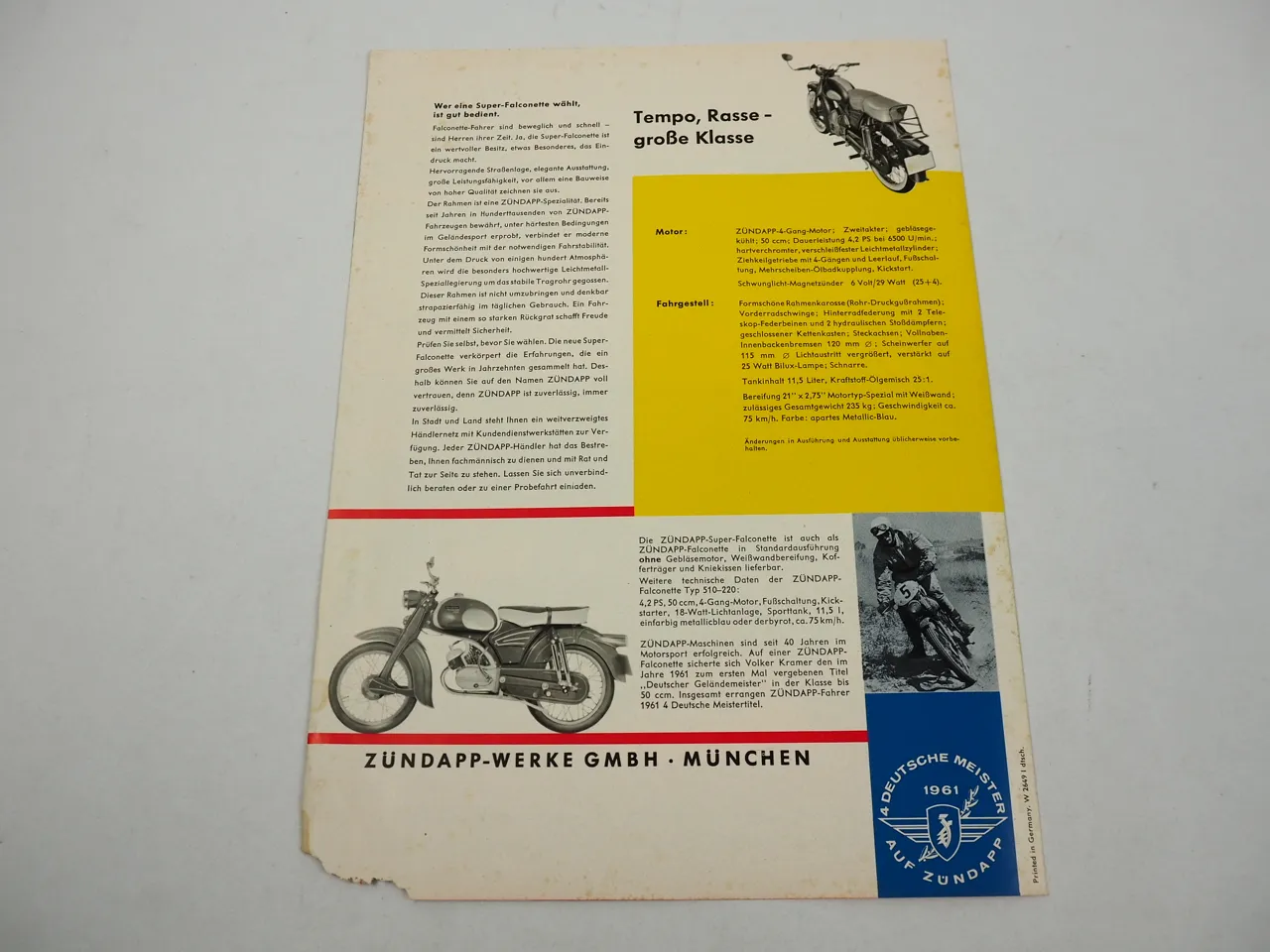 Zündapp KS50 4,2PS Super Falconette Motorrad Prospekt 1961