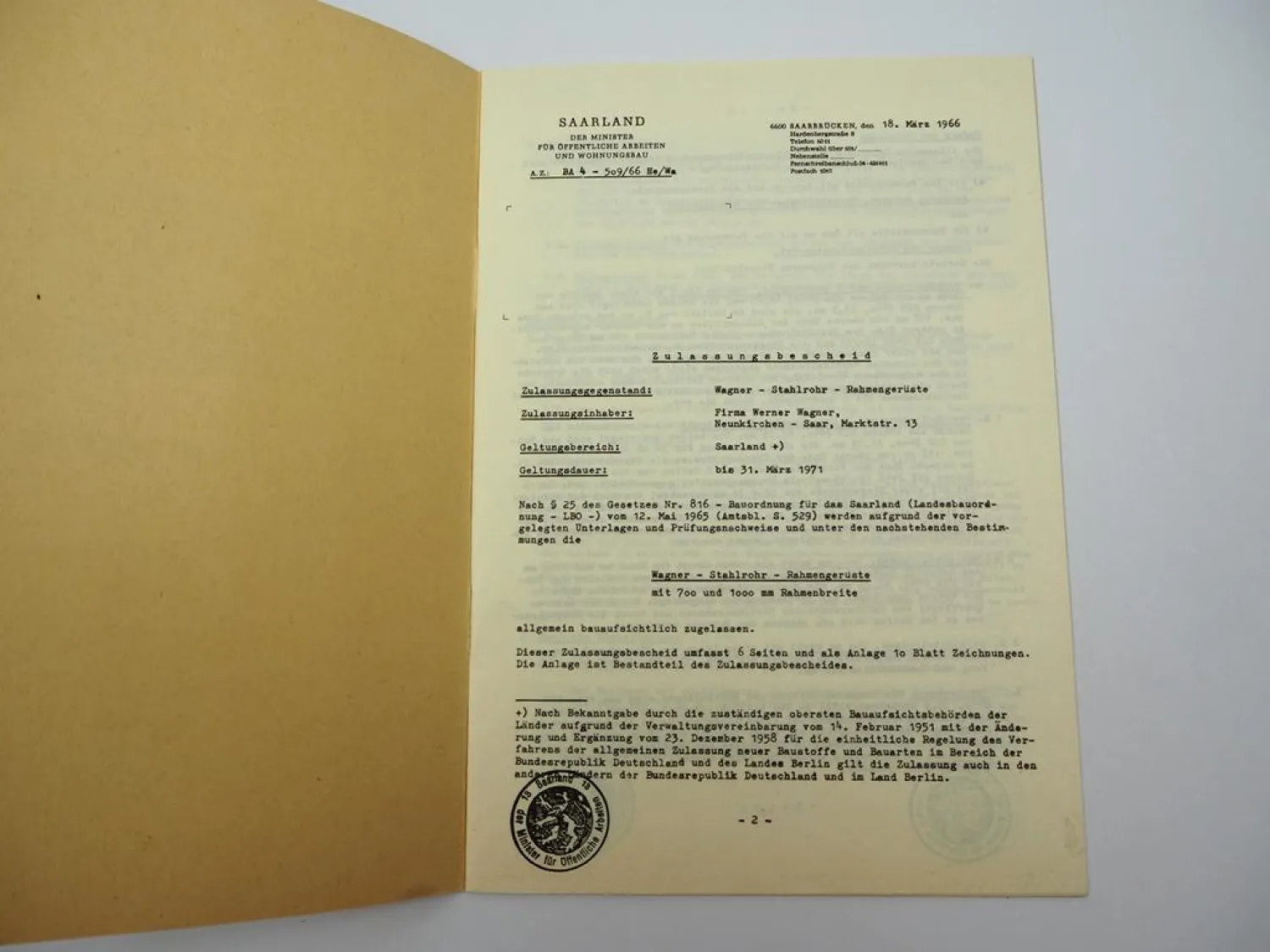 Zulassungsbescheid Wagner Stahlgerüst Neunkirchen 1966 Bauministerium Saarland