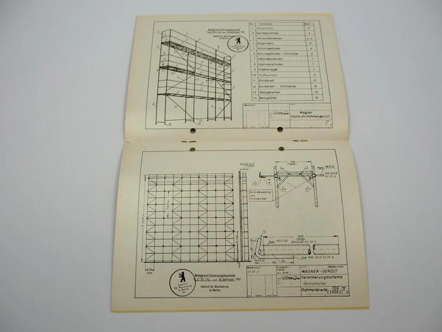 Zulassungsbescheid Wagner Stahlgerüst Neunkirchen 1981 Institut für Bautechnik