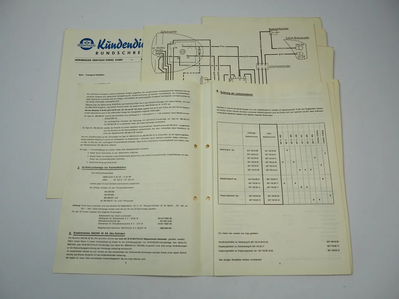 Zweirad Union Nürnberg Hercules DKW Kundendienst Rundschreiben Schaltpläne 1973