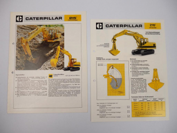 2 Prospekte Caterpillar 215 Hydraulikbagger mit Greifer 1976/77