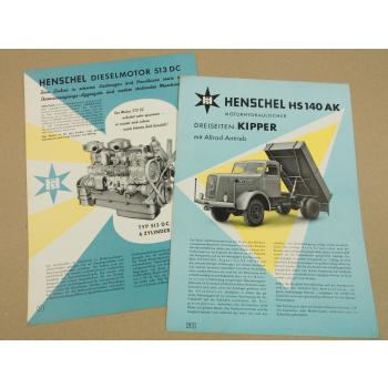 2 Prospekte Henschel & Sohn HS140 AK LKW Kipper mit Allrad und Motor 513DC 1955
