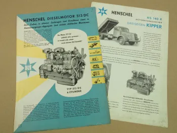 2 Prospekte Henschel & Sohn HS140K LKW Kipper und Motor 513DC 1953/55