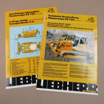 2x Prospekt Liebherr PR 722 Litronic Planierraupe + 6-Wege-Schild von 1990