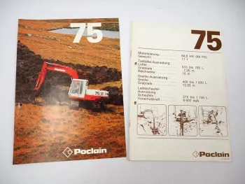 2x Prospekt Poclain 75 Raupenbagger Technische Daten 1980er Jahre