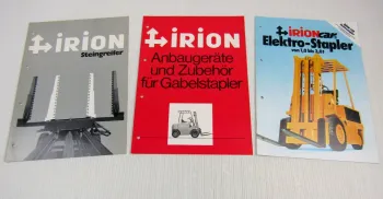 3 Prospekte Irion Elektro-Gabelstapler + Anbaugeräte und Zubehör 1970er Jahre