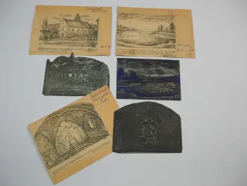 3x Klischee Druckplatte Fuchsstadt Bayern nach Zeichnungen von Dreher 1956/59