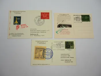 3x Postkarte Raketenpost Versuchsstart 1959/60/61 Zuckerrakete mit Briefmarken