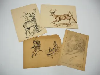 4 Studien Erich Krause Karlsruhe 1900/02 Bleistift Feder Hirsch Männerportrait