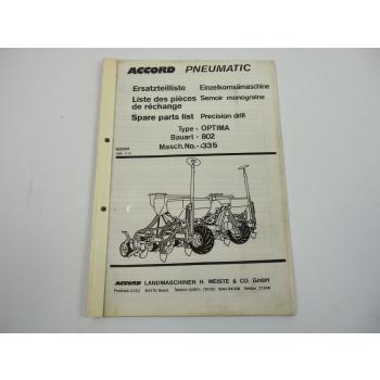 Accord Pneumatic Optima 802 Einzelkorn Sämaschine Ersatzteilliste 1990