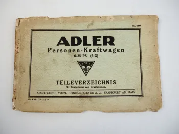 Adler 6/25 PS 6G PKW Ersatzteilkatalog Ersatzteilliste 1925