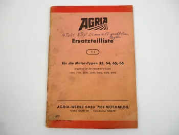 Agria Motor Ersatzteilliste für 1000 1100 2100 2300 2400 4000 6000 von 1966