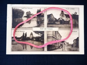 AK Creypau Kreypau Merseburg Dorfstraße Dorfteich Schule Kirche 1929 gelaufen