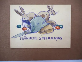 AK Feldpost WK2 Fröhliche Ostern 1943 Helm Koppel Hasen Ostereier
