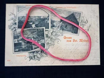 AK Gruß aus St. Micheln Mücheln Geiseltal Gasthaus Geiselquelle 1900 gelaufen