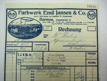 Arti E.J.B. Farbwerk Emil Jansen & Co Barmen Wasserstrasse Rechnung 1920 Grundbeize