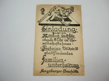 Augsburg Bauhütte sehr alte Einladung Familienunterhaltung Frohsinn Völkstrasse