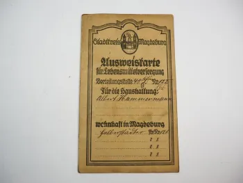 Ausweiskarte für Lebensmittelversorgung Stadtkreis Magdeburg 1919