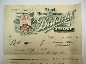 Batavia Dampf Kaffee Brennerei Coblenz Koblenz Rechnung 16.März 1904