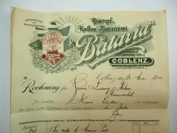 Batavia Dampf Kaffee Brennerei Coblenz Koblenz Rechnung 31.Mai 1905