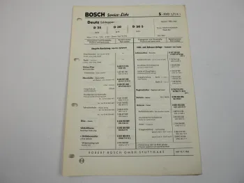 Bosch Service Liste für Deutz D25 D30 D30S Schlepper 1963 - 1964