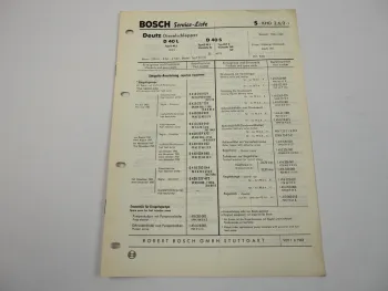 Bosch Service Liste für Deutz D40L D40S Schlepper 1962 - 1963
