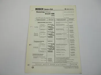 Bosch Service Liste für Hanomag Granit 500 Schlepper 1962 - 1964