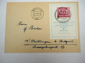 Brief DDR mit Block 10 Briefmarkenausstellung 1954 Tag der Briefmarke
