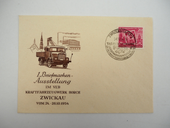 Brief mit Sonderstempel 1.Briefmarkenausstellung VEB KFZ Werk Horch Zwickau 1954