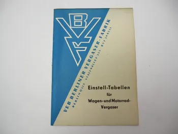 BVN Berlin Vergaser PKW LKW Motorrad Motor Einstelltabellen DDR 1959