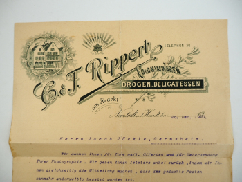 C. u. F. Rippert Colonialwaren Drogerie Neustadt Rheinland Pfalz Geschäftsbrief 1900