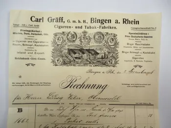 Carl Gräff GmbH Bingen am Rhein Zigarren Tabakfabrik Rechnung 2.Nov.1906