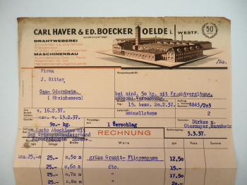 Carl Haver u. Boecker Oelde Westfalen Drahtweberei Maschinenbau Rechnung 1937