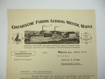 Chemische Fabrik Ludwig Meyer Mainz Brief 1929