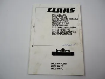 Claas Disco 3050 FC Plus 3000 FC Mähwerk Ersatzteilliste Spare Parts List 2002