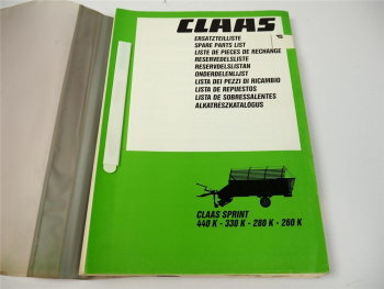Claas Sprint 260 280 330 400 K Ladewagen Ersatzteilliste Spare Parts List 1988