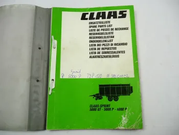 Claas Sprint 4000P 5000P 5000GT Ladewagen Ersatzteilliste Ersatzteilkatalog 1993
