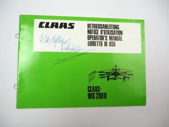 Claas WS 280 D Schwader Betriebsanleitung Bedienungsanleitung Wartung 1985