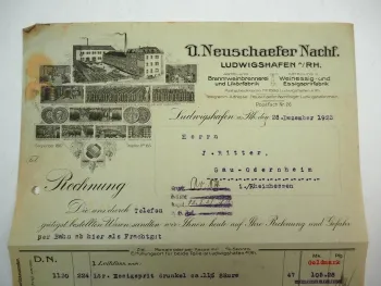 D. Neuschaefer Nachf. Likörfabrik Essigfabrik Ludwigshafen Rechnung 1923