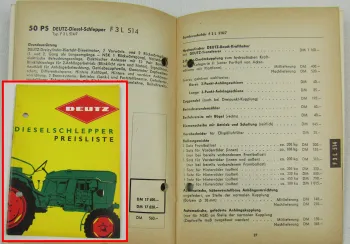 Deutz D15 D25 D30 D40 D40S D50 F3L / F4L 514 Dieselschlepper Preisliste 2/1962