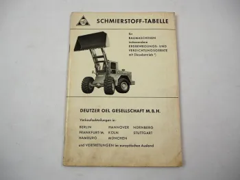 Deutzer Oel Schmierstoff Tabelle für Baumaschinen Radlader Laderaupe Bagger 1969